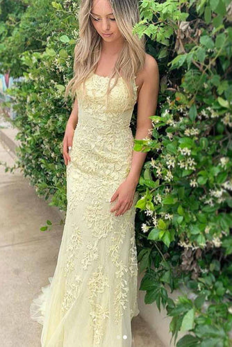 Sheath/Column Spaghetti Straps Yellow Prom Dress Long Evening Dresses JKM3010|annapromdress
