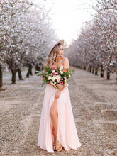 A-line Spaghetti Straps Pink Long Prom Dress Flowy Cheap Evening Dress With Split JKM3016