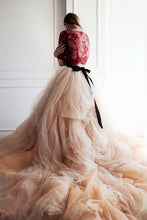 Two Pieces Blush Pink Wedding Dress Half Sleeve Burgundy Lace Bridal Gowns Wedding Gowns NAY017|Annapromdress