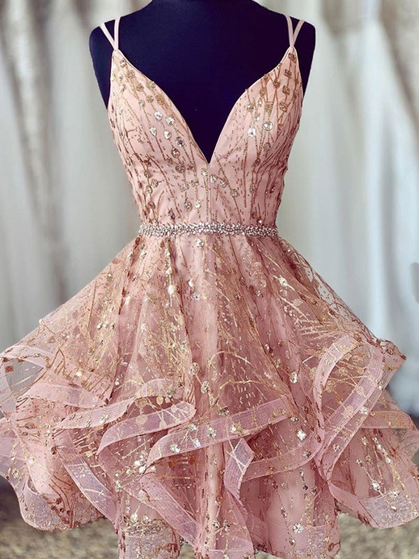 Dusty Pink Sexy Deep V-Neck Spaghetti Straps Beaded Sparkly Homecoming Dresses AN2203|Annapromdress