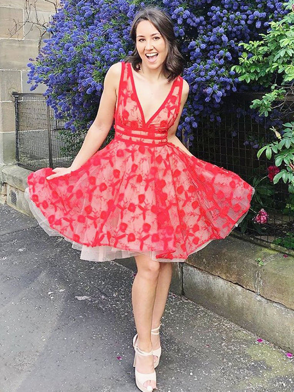 Sexy Deep V-Neck Red Lace Cute Homecoming Dresses 2019 Keen-Length AN2204|Annapromdress