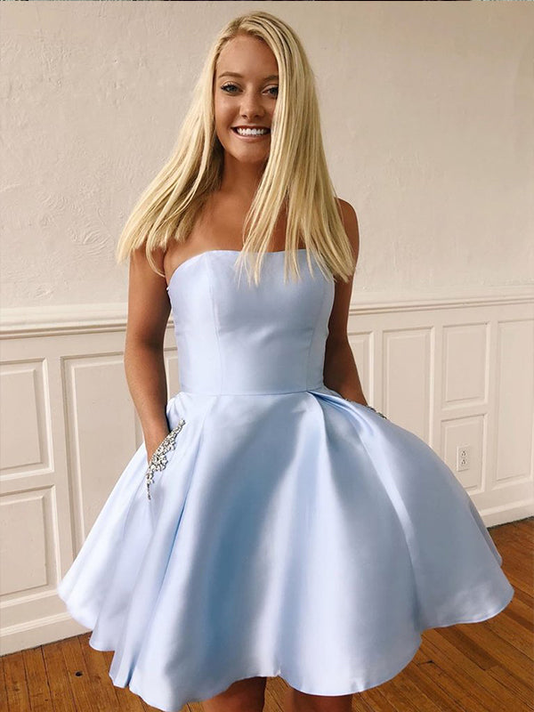 Light Blue Strapless A-Line Cute Homecoming Dresses with Pockets AN2206|Annapromdress
