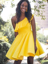 Yellow Satin One Shoulder A-Line Cute Homecoming Dress 2019 Graduation Dress AN311|Annapromdress