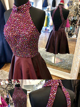 Grape Satin Halter Colorful Beaded Vintage Homecoming Dress Backless AN334|Annapromdress