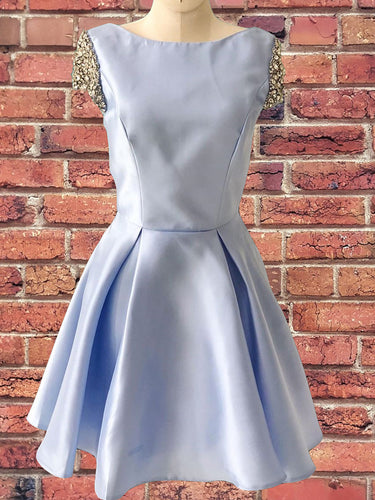 Light Blue Satin Cap Sleeve Beaded A-Line Cute Homecoming Dress AN634|Annapromdress