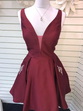 Sexy V-Neck Burgundy Satin Cute Homecoming Dress with Pockets AN8801|Annapromdress