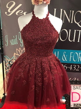 Halter Burgundy Tulle Appliques A-Line Cute Homecoming Dress AN8803|Annapromdress