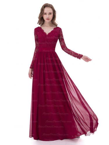 Sexy Prom Dresses V-neck Burgundy Long Lace Prom Dress Chiffon Evening Dress AX001