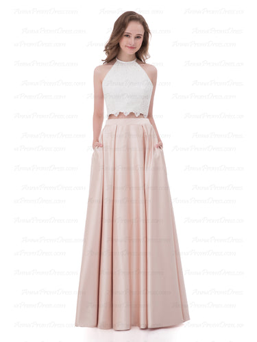 Two Piece Prom Dresses A-line Floor-length Satin Ivory Sexy Lace Prom Dress AX002