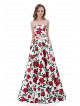 Two Piece Prom Dresses A-line Floor-length Floral Print Sexy Prom Dress Satin AX003