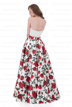 Two Piece Prom Dresses A-line Strapless Floor-length Floral Print Long Prom Dress AX004