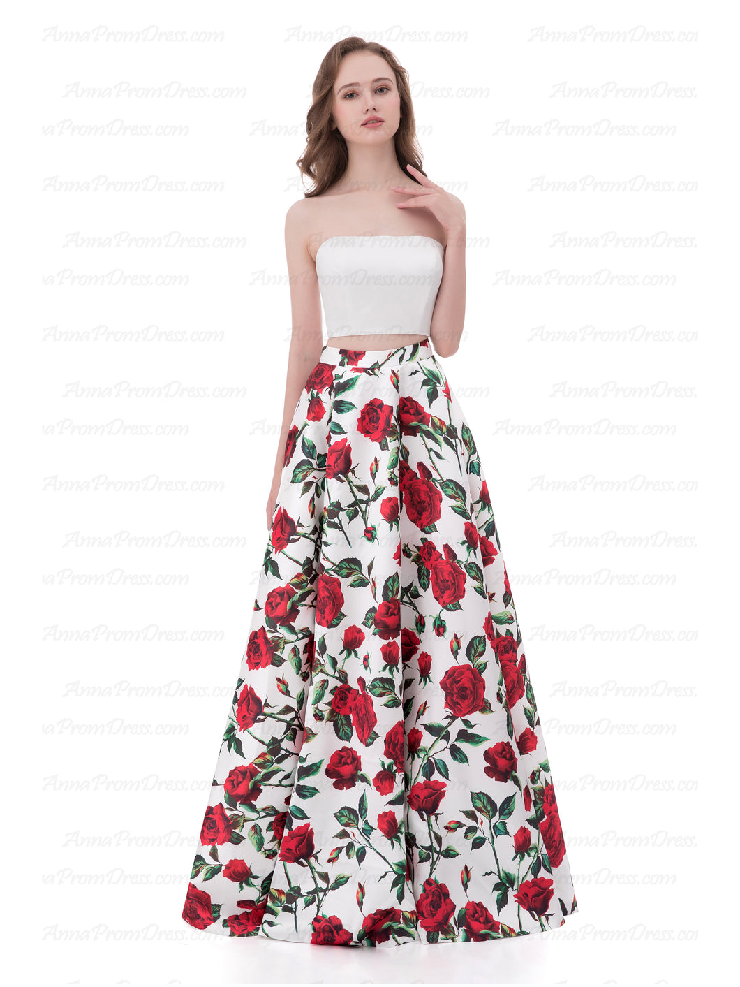 Two Piece Prom Dresses A-line Strapless Floor-length Floral Print Long Prom Dress AX004