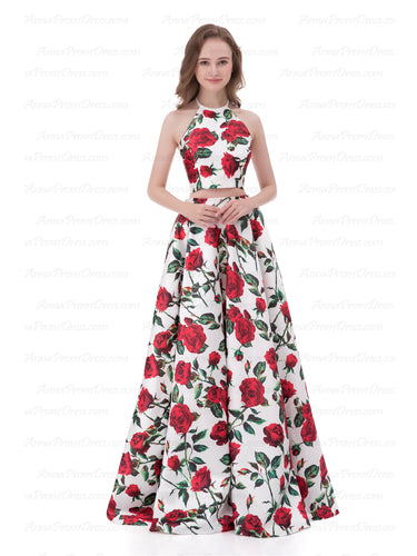Two Piece Prom Dresses A-line Floor-length Satin Sexy Floral Print Prom Dress AX006