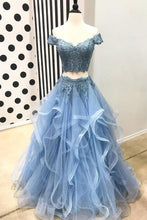 A Line Blue Lace Off the Shoulder Tulle Ruffled Beaded Two Piece Prom Dresses GJS266