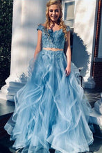 A Line Blue Lace Off the Shoulder Tulle Ruffled Beaded Two Piece Prom Dresses GJS266