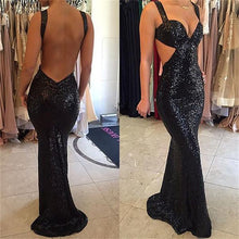 Long Black Sequined Sparkly Sexy Backless Evening Party Cocktail Prom Dresses GJS279