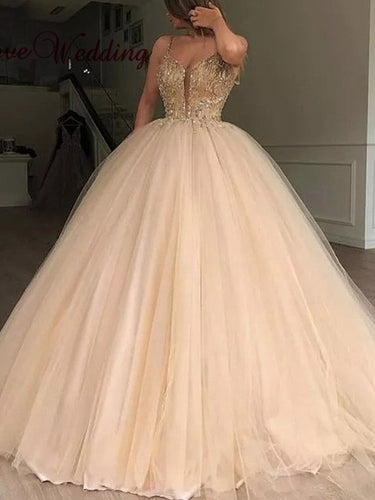 Ball Gown V-neck Sleeveless Floor-Length Tulle Beading Prom Dresses ZXS001