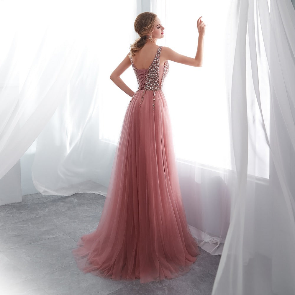 A-Line/Elegant V-Neck Short Sleeves Floor-Length Beading Tulle Two Piece Prom Dresses