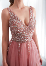 Modest Tulle Beaded V Neck Prom Dress A Line Floor Length Prom Evening Dress with Slit YSR1112