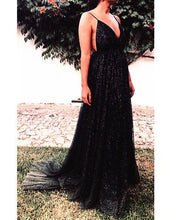 A line Long Sequins Evening Dresses Plunge V-neck Prom Gowns GJS346