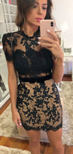 Black Lace Nude Sheath Open Back Short Sleeve Homecoming Dresses AN1207