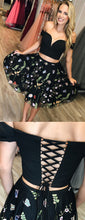 Black Two Piece Off Shoulder Embroidery Homecoming Dresses AN1202
