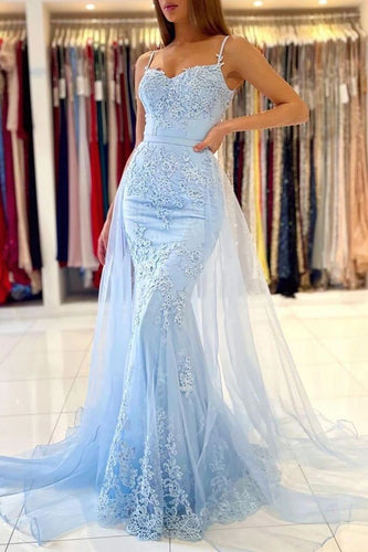 Baby Blue Lace Mermaid Long Prom Dresses With Overskirt Train ZXS215