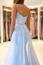 Baby Blue Lace Mermaid Long Prom Dresses With Overskirt Train ZXS215