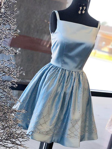 Blue Satin Beading Square Neck Sleeveless Homecoming Dresses AN1203