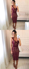 Burgundy Lace Sheath Tight Knee Length Homecoming Dresses AN1201
