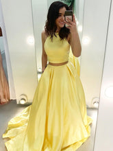 Two Piece Prom Dresses Yellow Satin Long Prom Dress | annapromdress.com