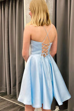 Cute Backless Short Light Blue Satin Prom Homecoming Dress GJS709