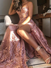 Rose Pink Unique Lace Spaghetti Strap Side-Slit Prom Dresses GJS216