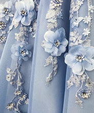 Blue Satin A-line Off-the-shoulder Lace Sweetheart 3D Flowers Prom Dresses GJS207