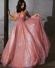 A line Glitter Tulle Prom Dresses V Neck Spaghetti Straps GJS347
