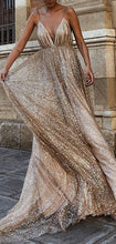 Gold Sequin Spaghetti Strap Backless Shiny A line Prom Dresses GJS276