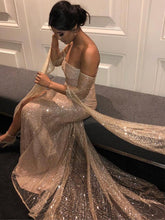 Gold Sequined Lace Off Shoulder Long Sleeve Sheath Prom Dresses GJS421