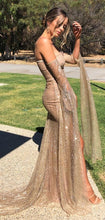 Gold Sequined Lace Off Shoulder Long Sleeve Sheath Prom Dresses GJS421