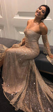 Gold Sequined Lace Off Shoulder Long Sleeve Sheath Prom Dresses GJS421