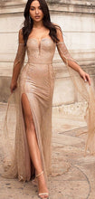 Gold Sequined Lace Off Shoulder Long Sleeve Sheath Prom Dresses GJS421