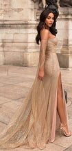 Gold Sequined Lace Off Shoulder Long Sleeve Sheath Prom Dresses GJS421