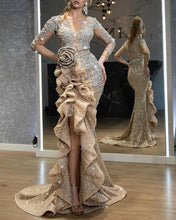 Gold Embellished Sequin Evening Gown, Ruffle Mermaid Long Prom Party Dress GJS315