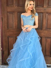 A Line Blue Lace Off the Shoulder Tulle Ruffled Beaded Two Piece Prom Dresses GJS266