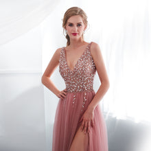 Modest Tulle Beaded V Neck Prom Dress A Line Floor Length Prom Evening Dress with Slit YSR1112