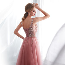 Modest Tulle Beaded V Neck Prom Dress A Line Floor Length Prom Evening Dress with Slit YSR1112