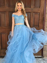 A Line Blue Lace Off the Shoulder Tulle Ruffled Beaded Two Piece Prom Dresses GJS266