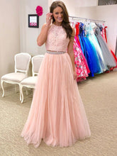 Two Piece Prom Dresses,Halter Lace Appliqued,2 Piece Formal Dresses