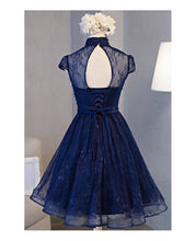High Neck Homecoming Dress Lace Dark Navy Lace-up Short Prom Dress Party Dress JK042