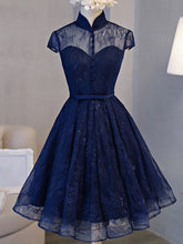 High Neck Homecoming Dress Lace Dark Navy Lace-up Short Prom Dress Party Dress JK042