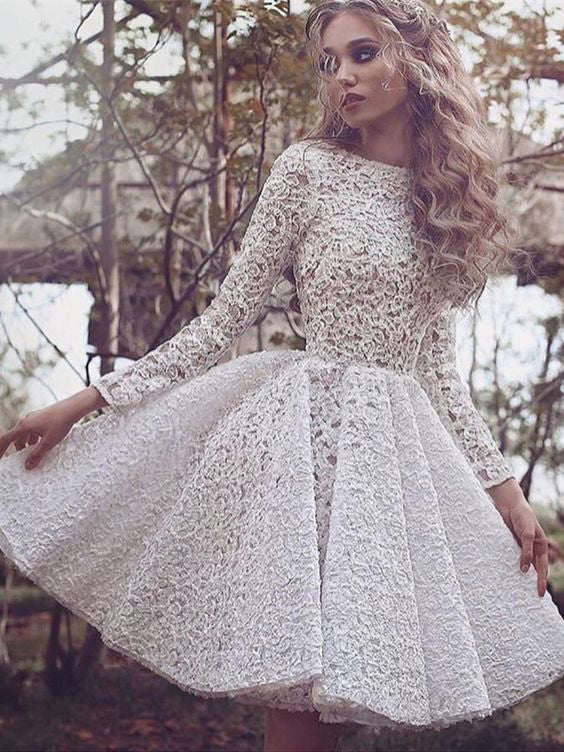 Lace Chic Homecoming Dress Scoop Long Sleeve Ivory Short Prom Dress Pa –  Anna PromDress